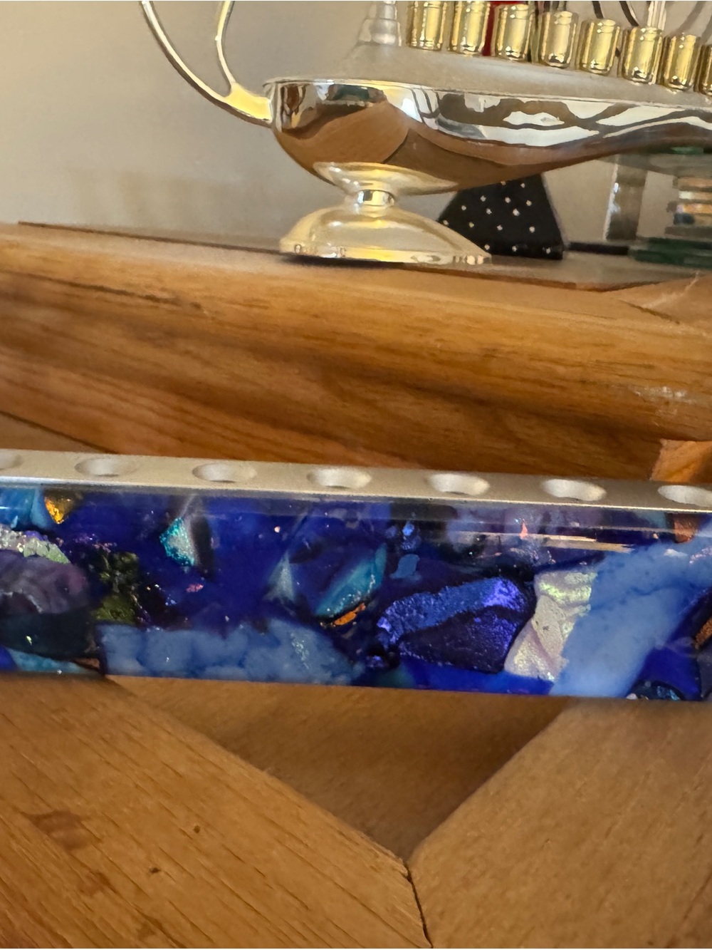 Handcrafted Blue Mosaic Resin Menorah - Artistic Home Art